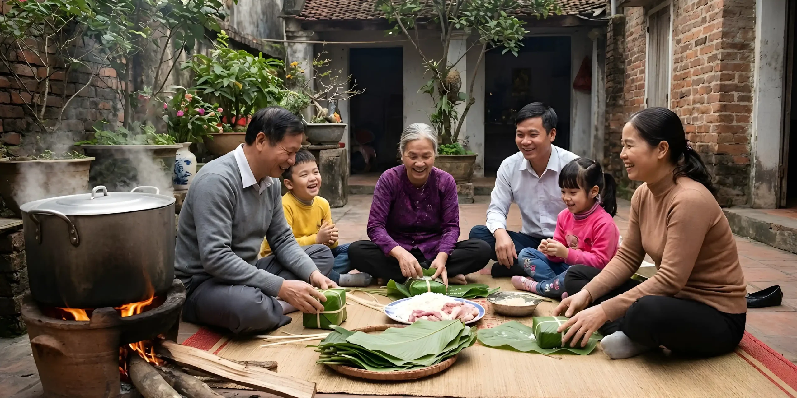 Đặt vé máy bay Tết trở về quây quần cùng gia đình gói bánh chưng, bánh tét