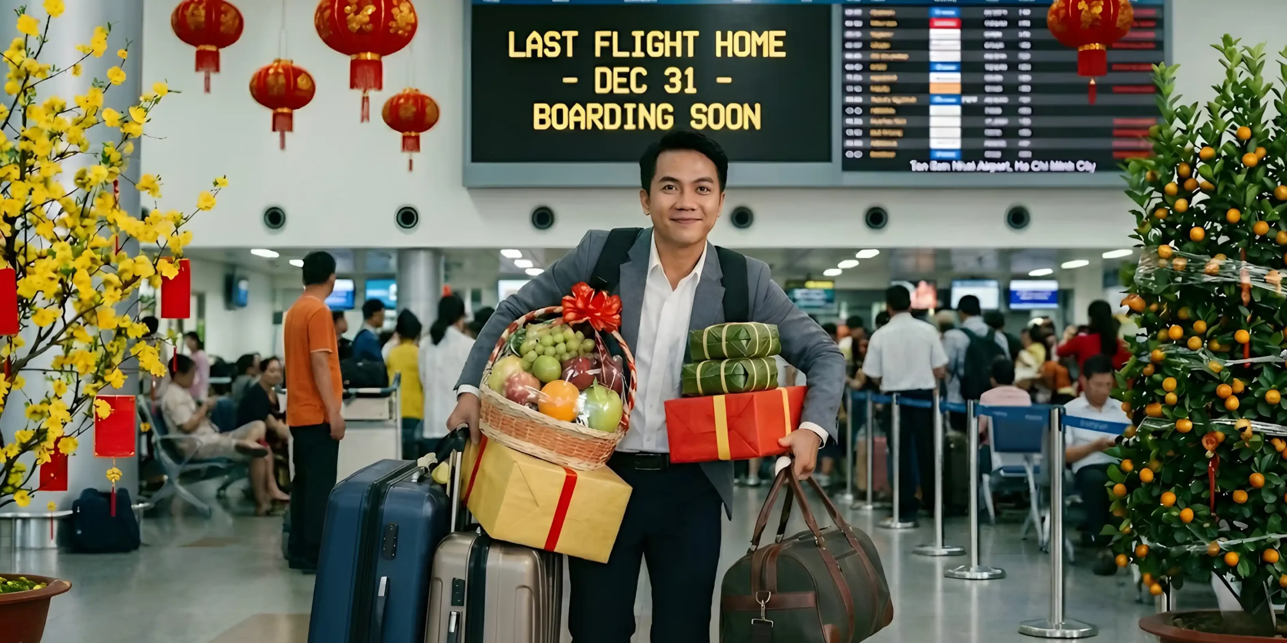 Nhiều người vội vã lên chuyến bay cuối cùng trở về kịp đón giao thừa cùng gia đình