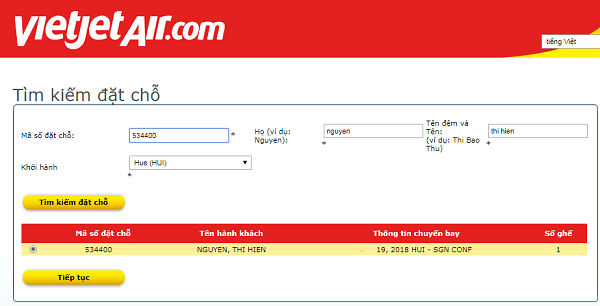 Kiểm tra từ website chính thức của Vietjet Air:
